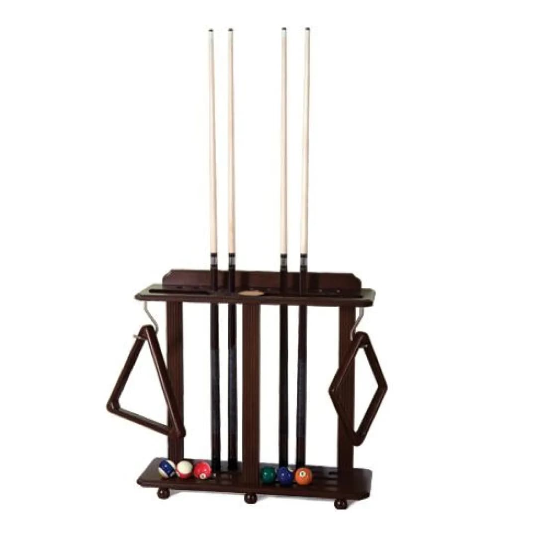 Brown Floor Pool Cue Rack For 10 Cues and Billiard Balls — commercial gaming tables supplied nationwide